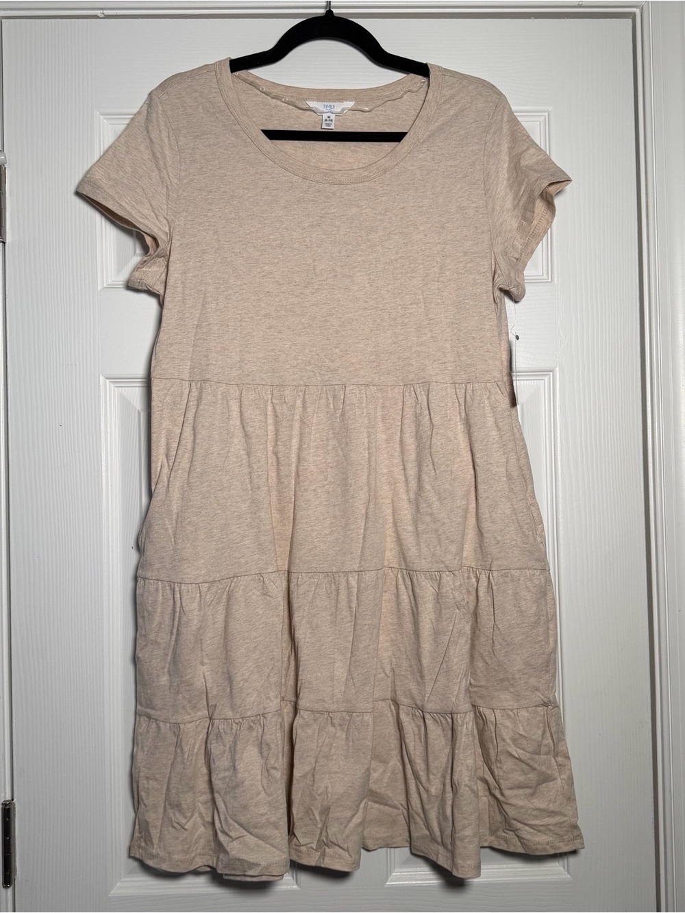 Light Sandy Beige Cream Tan Tiered Short Sleeve T Shirt Mini Summer Spring Dress